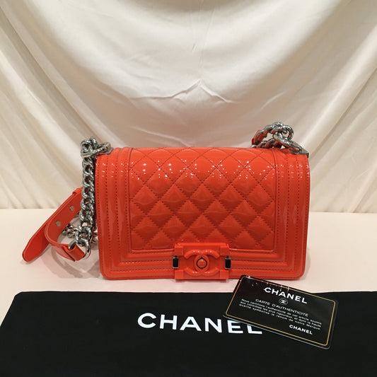 Chanel Orange Small Leboy Patent Leather Chain Shoulder Bag Sku# 72707
