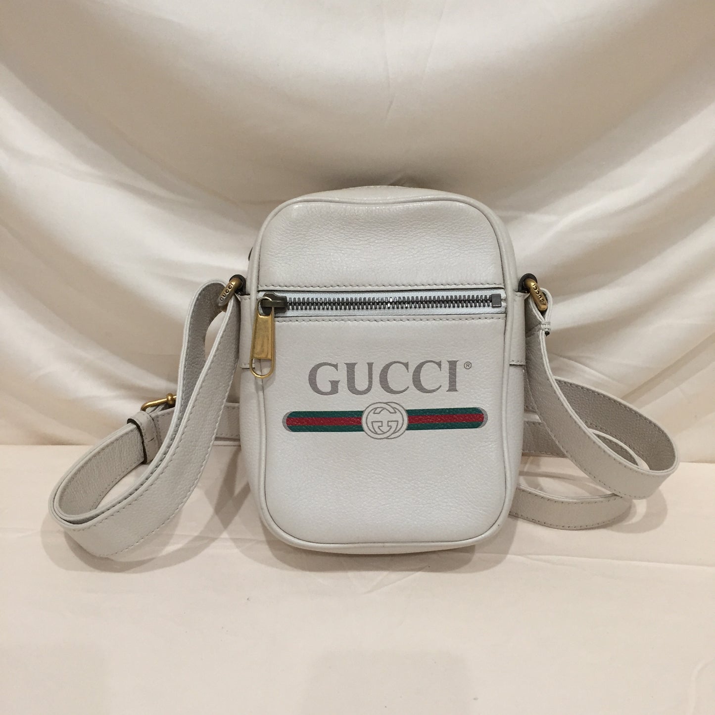 Gucci White GG Leather Messenger Crossbody Bag Sku# 72025