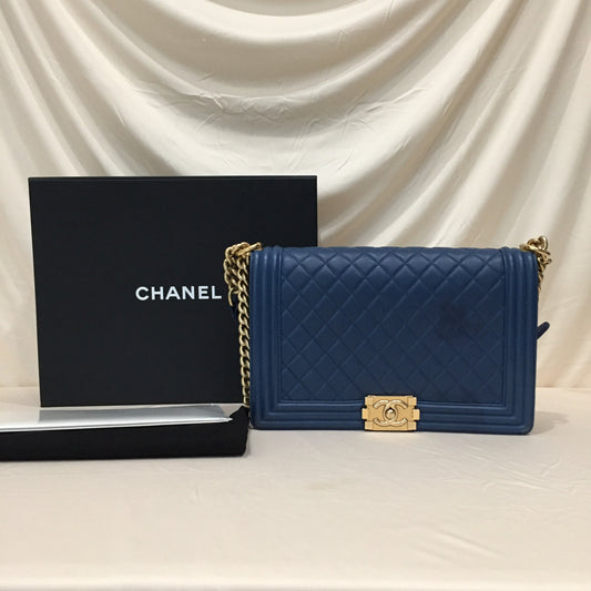 Chanel Blue Leather New Medium Boy Flap Shoulder Bag Sku# 70616