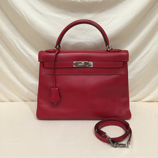 Hermes Red Leather Kelly 32 Top Handle Bag Sku# 71745