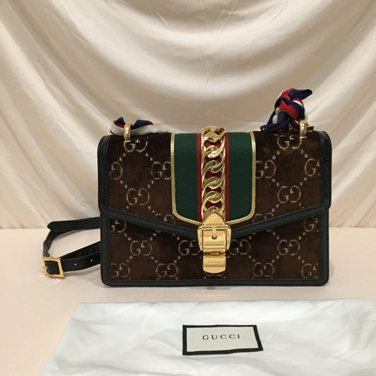 Gucci Brown Velvet Sylvie Shoulder Bag Sku# 72465