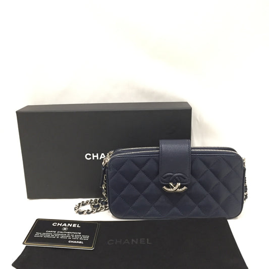 Chanel Navy Leather Double Zippy Wallet On Chain Crossbody Bag Sku# 81368