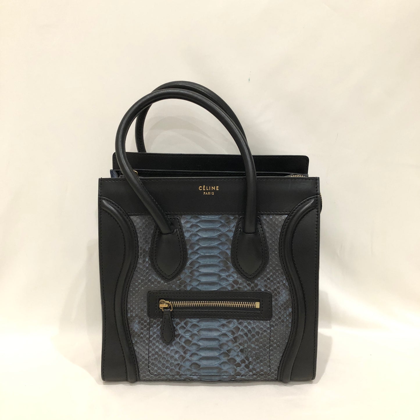 Celine Blue Black Python Leather and Suede Nano Luggage Tote Sku# 82771