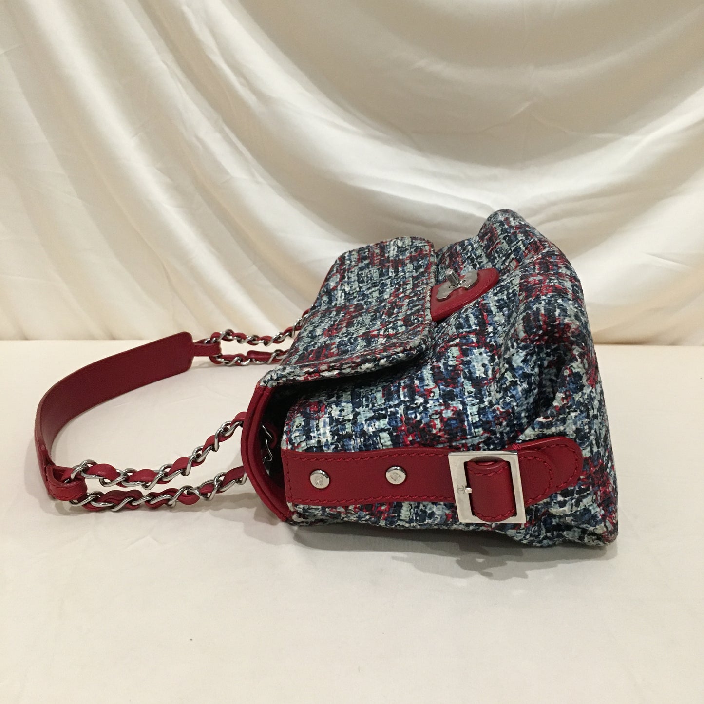 Chanel Blue Red Tweed Lambskin Flap Shoulder Bag Sku# 70437