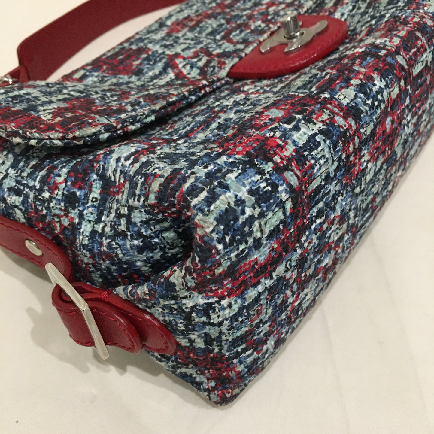 Chanel Blue Red Tweed Lambskin Flap Shoulder Bag Sku# 70437