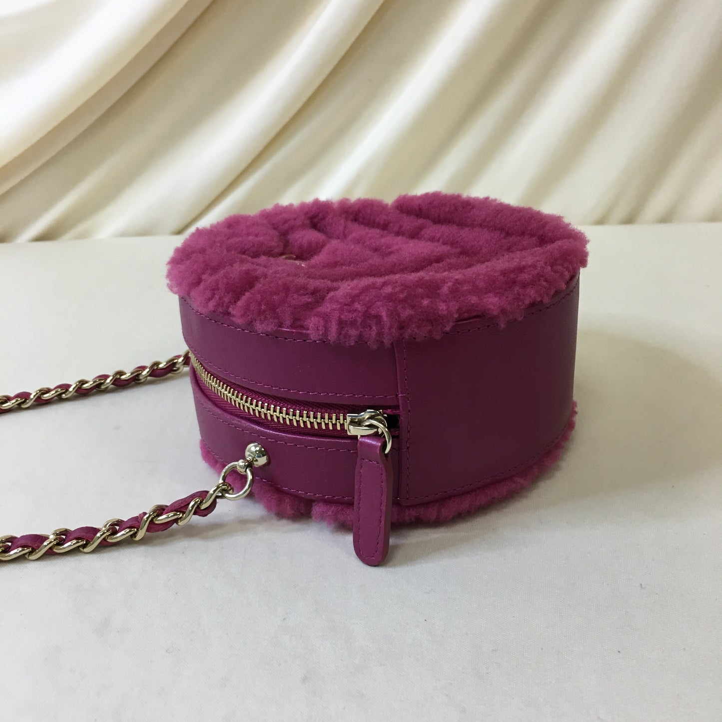 Chanel Pink Chevron Shearling Mini Round Clutch with Chain Sku# 66972