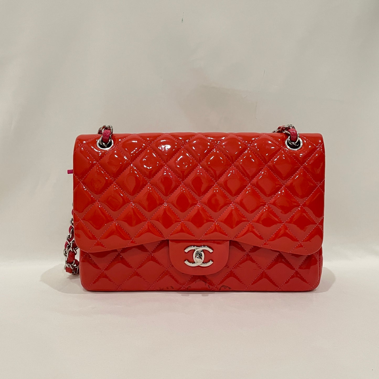 Chanel Orange Pink Patent Leather Jumbo Double Flap Shoulder Bag Sku# 79691