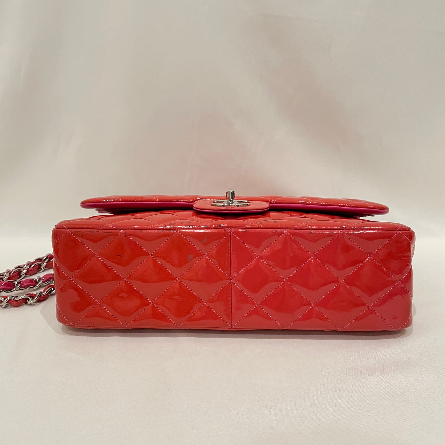 Chanel Orange Pink Patent Leather Jumbo Double Flap Shoulder Bag Sku# 79691