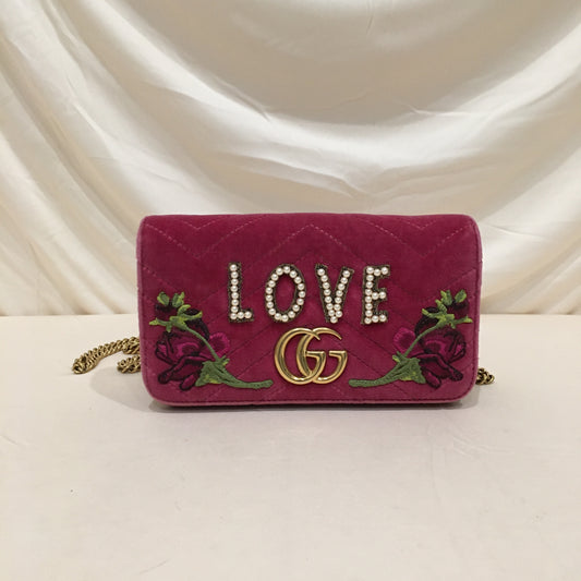 Gucci Pink Velvet Marmont Mini LOVE Pearl Crossbody Bag Sku# 70607