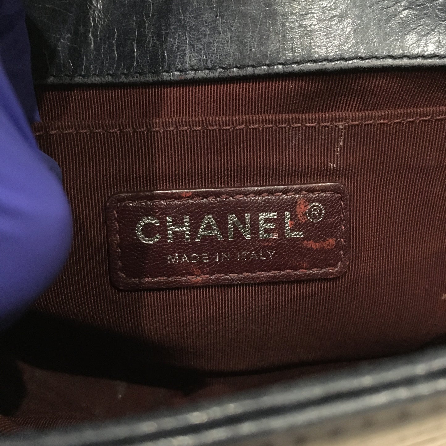 Chanel Navy Metallic Cracked Leather Small Boy Shoulder Bag Sku# 72385