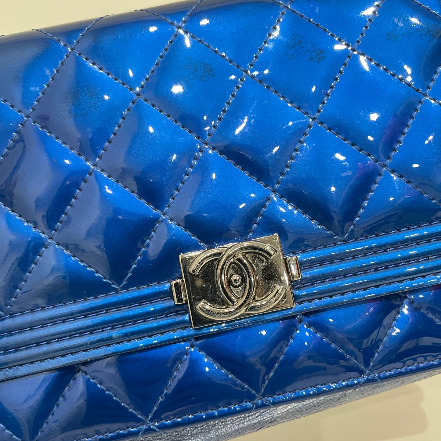 Chanel Blue Patent Boy Wallet On Chain Sku# 80530