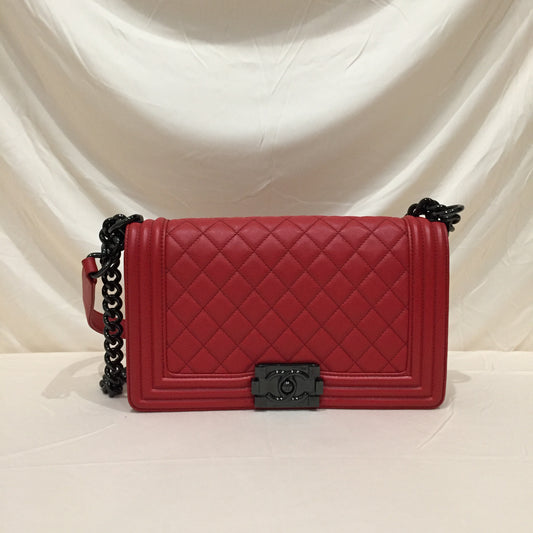 Chanel Red Leather Black Hardware Boy Flap Shoulder Bag Sku# 71960