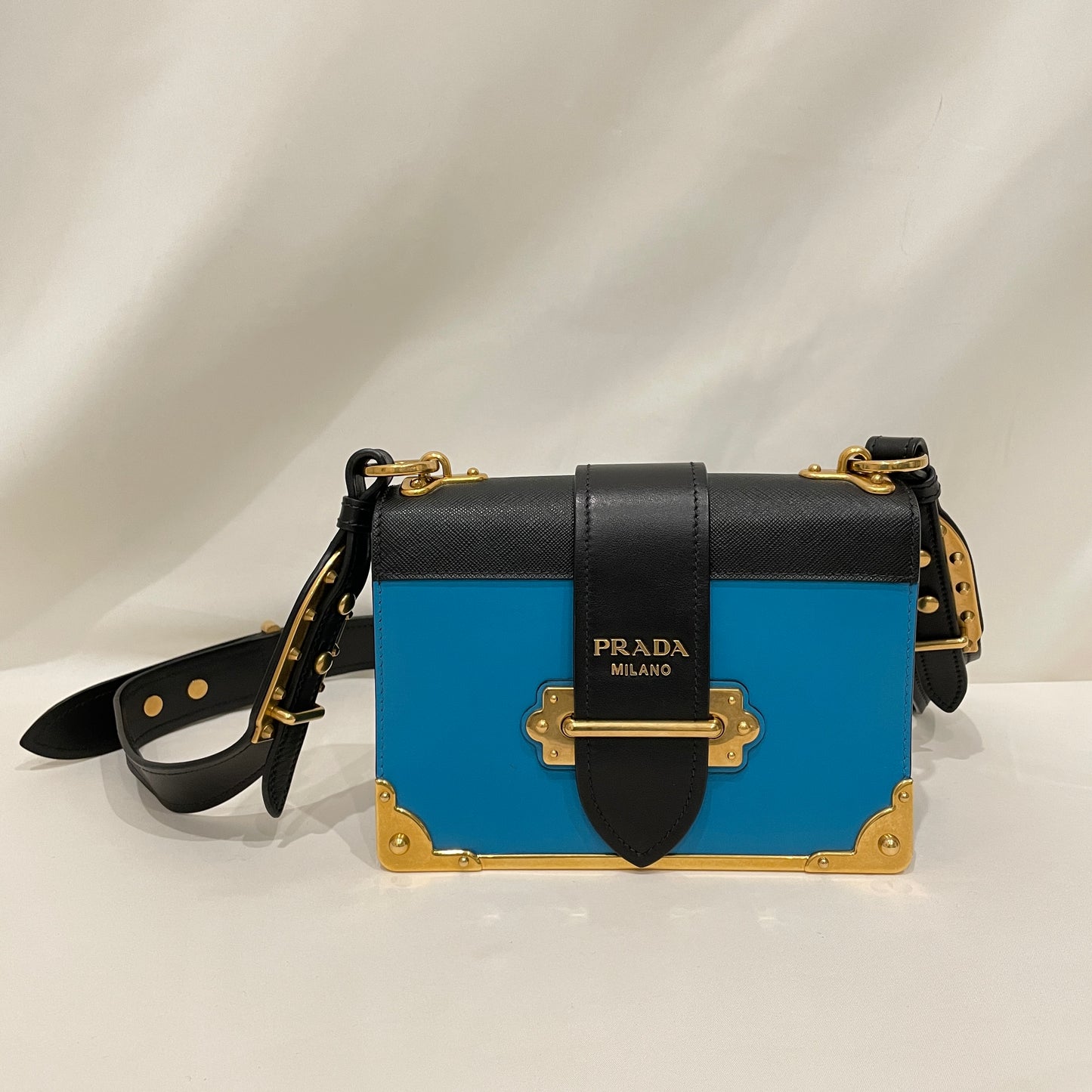 Prada Blue Black City Calfskin Saffiano Cahier Shoulder Bag Sku# 79974