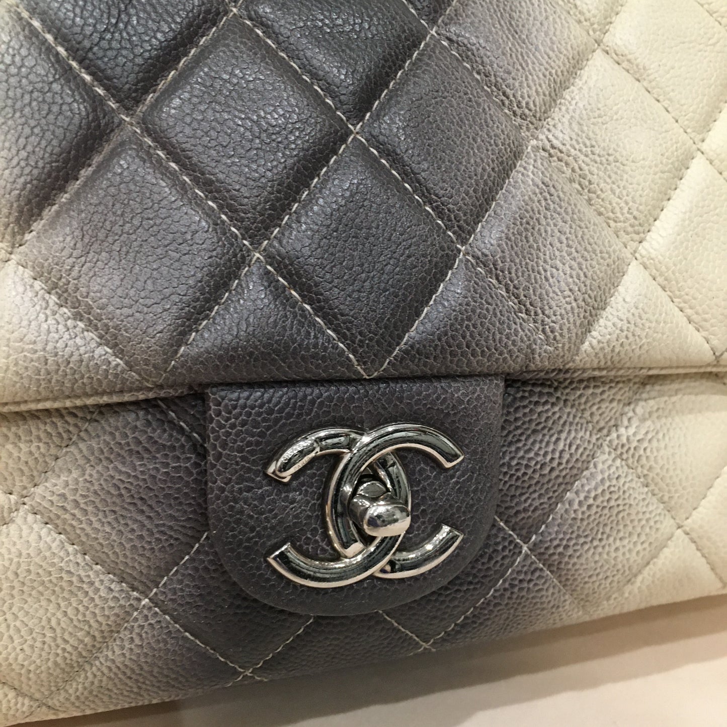 Chanel White Grey Caviar Ombre Stripe Large Shoulder Bag Sku# 76336