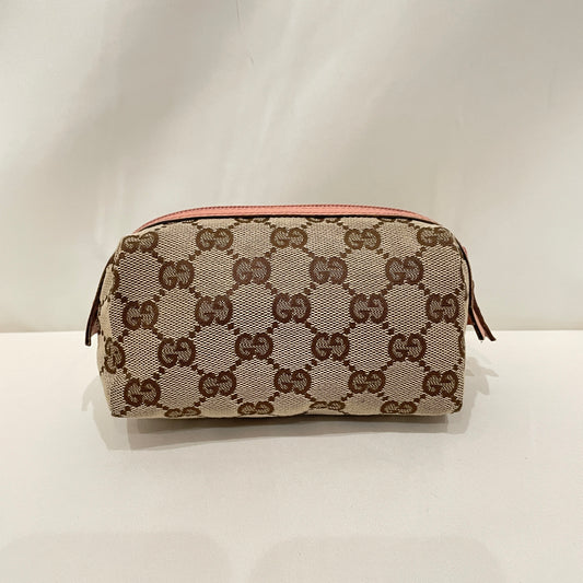 Gucci Pink Leather Brown GG Canvas Zip Pouch Sku# 80747