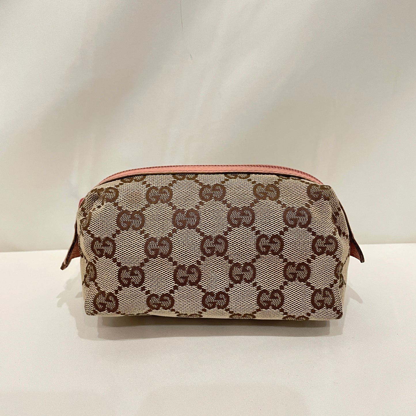 Gucci Pink Leather Brown GG Canvas Zip Pouch Sku# 80747