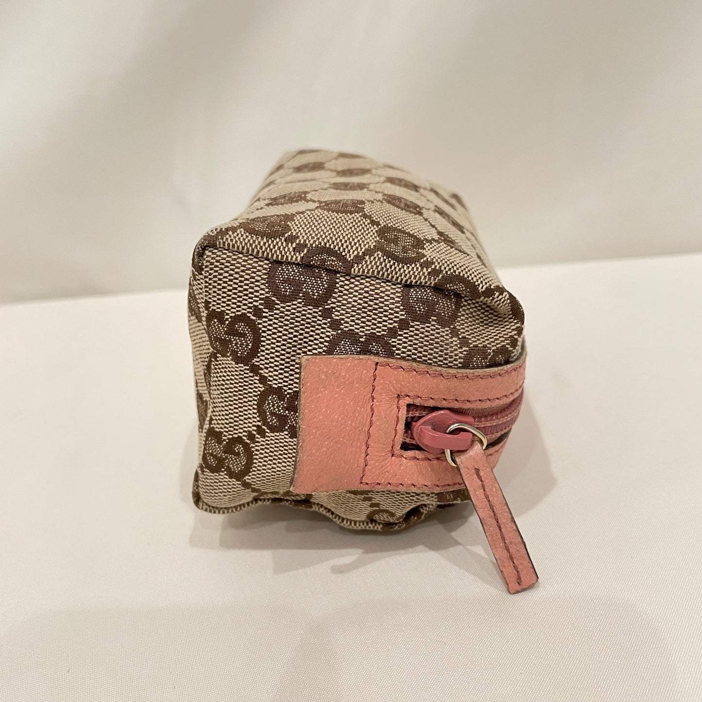 Gucci Pink Leather Brown GG Canvas Zip Pouch Sku# 80747