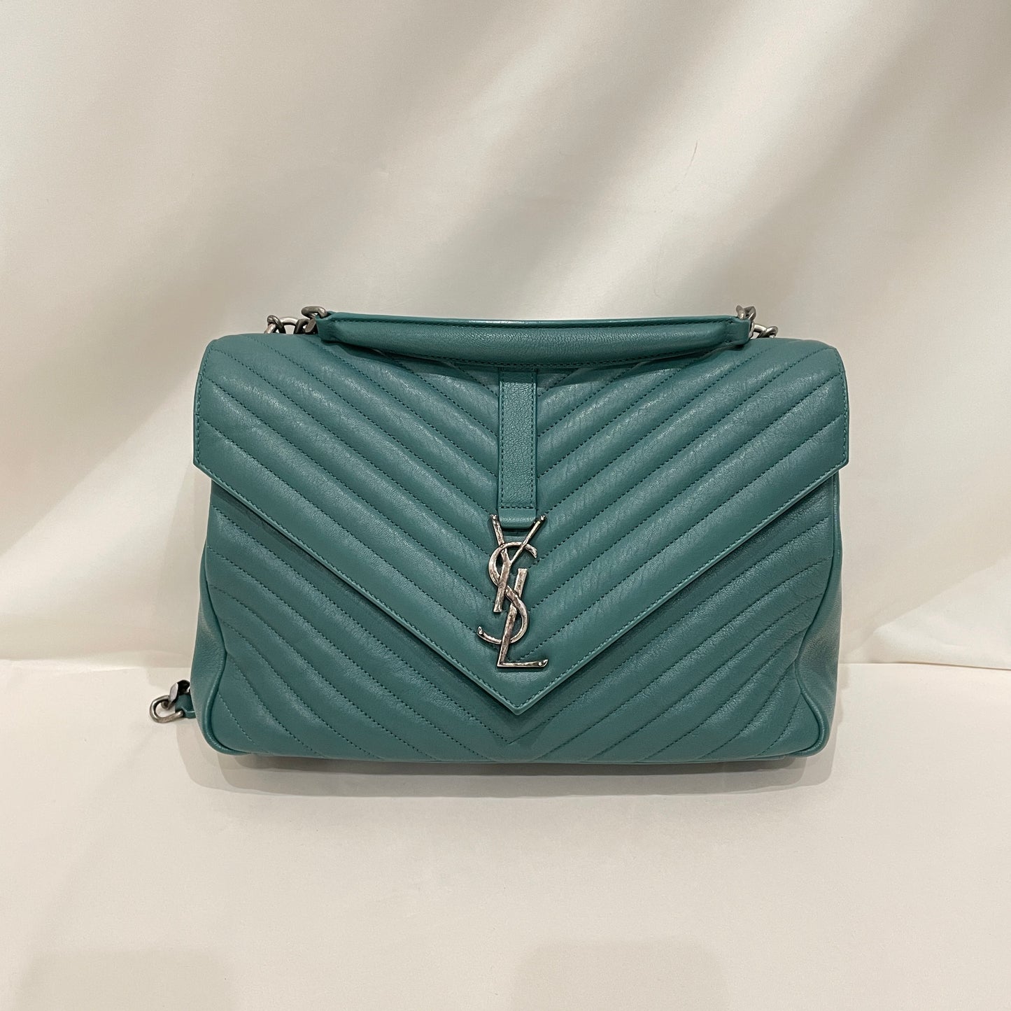 Yves Saint Laurent Green Calfskin Large Chevron College 2 Ways Shoulder Bag Sku#80637