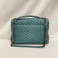 Yves Saint Laurent Green Calfskin Large Chevron College 2 Ways Shoulder Bag Sku#80637