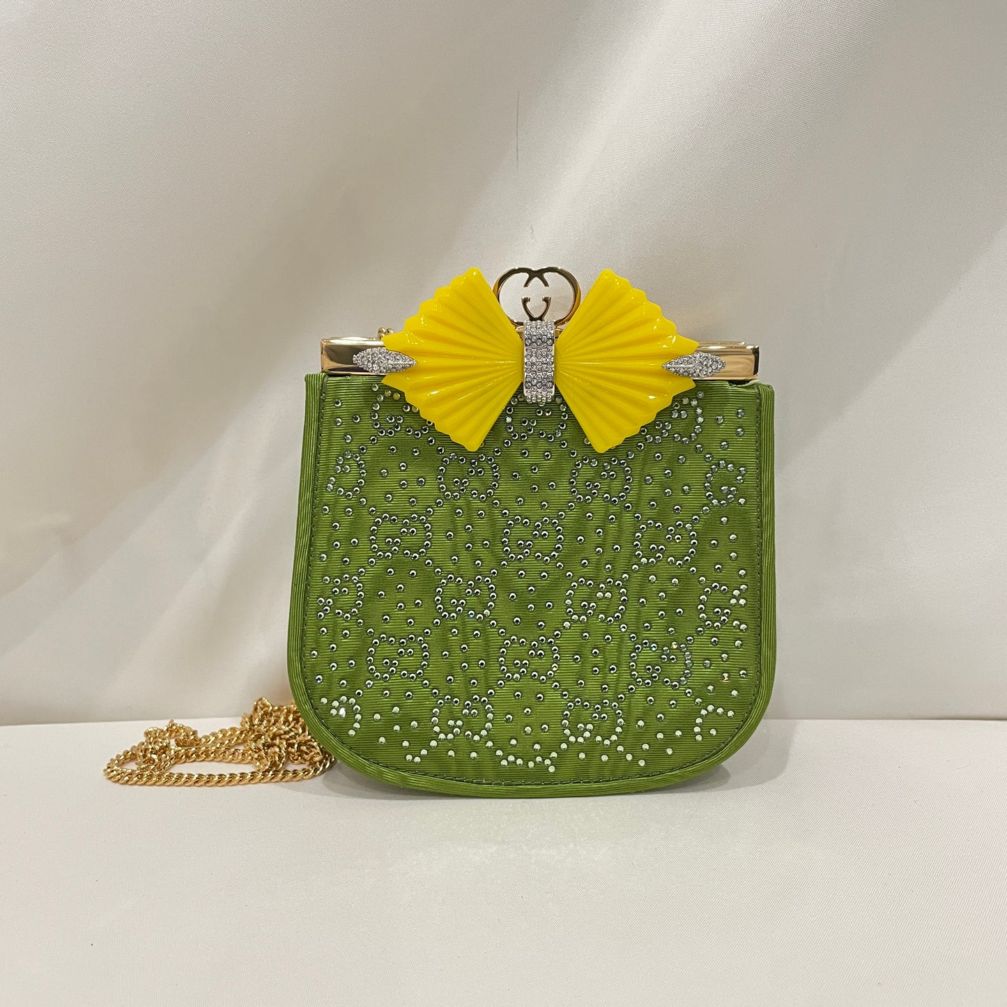 Gucci Green GG Crystal Fabric Runway with Bow Crossbody Bag Sku# 79951