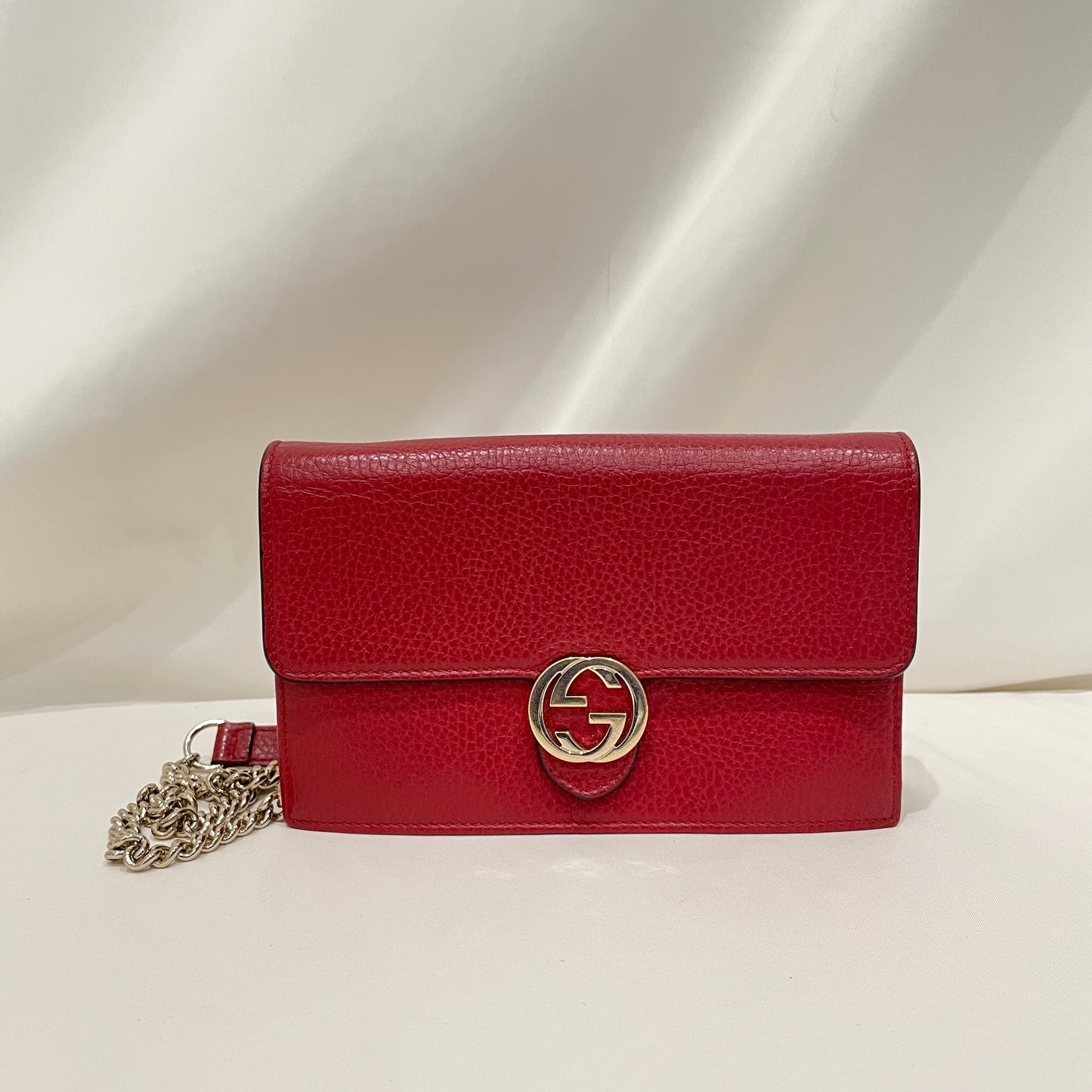 Gucci Red Calfskin Interlocking G Wallet On Chain Crossbody Bag Sku# 80868