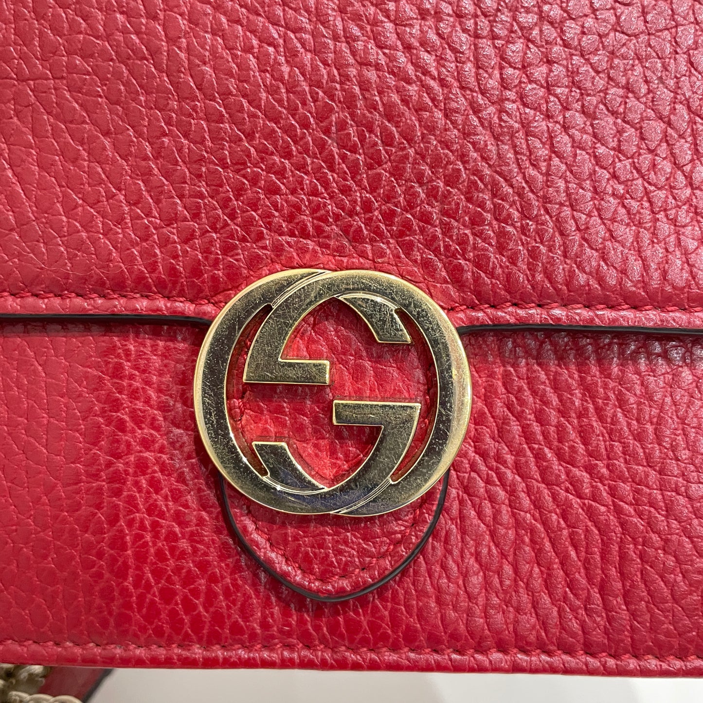 Gucci Red Calfskin Interlocking G Wallet On Chain Crossbody Bag Sku# 80868