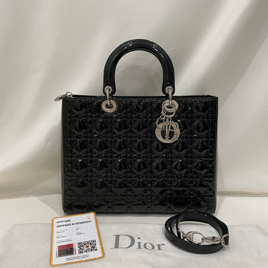 Dior Black Patent Large Lady Dior Tote With Strap Sku# 80923