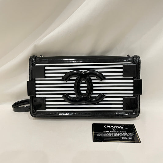 Chanel Black White Stripe Plexiglass Brick Crossbody Bag Sku# 81004