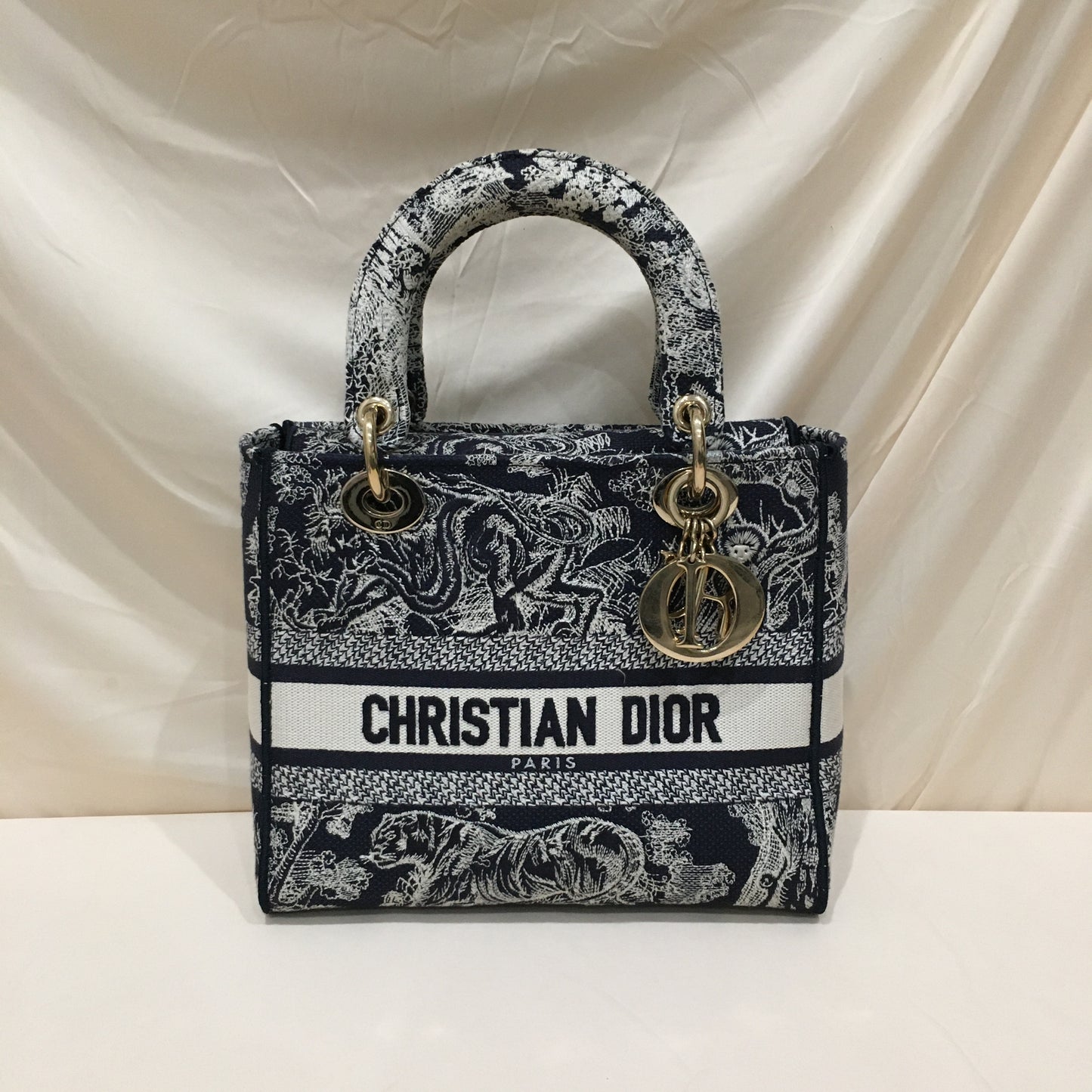 Dior Navy Canvas Toile de Jouy D-Lite Medium Lady Dior Tote Sku# 78051