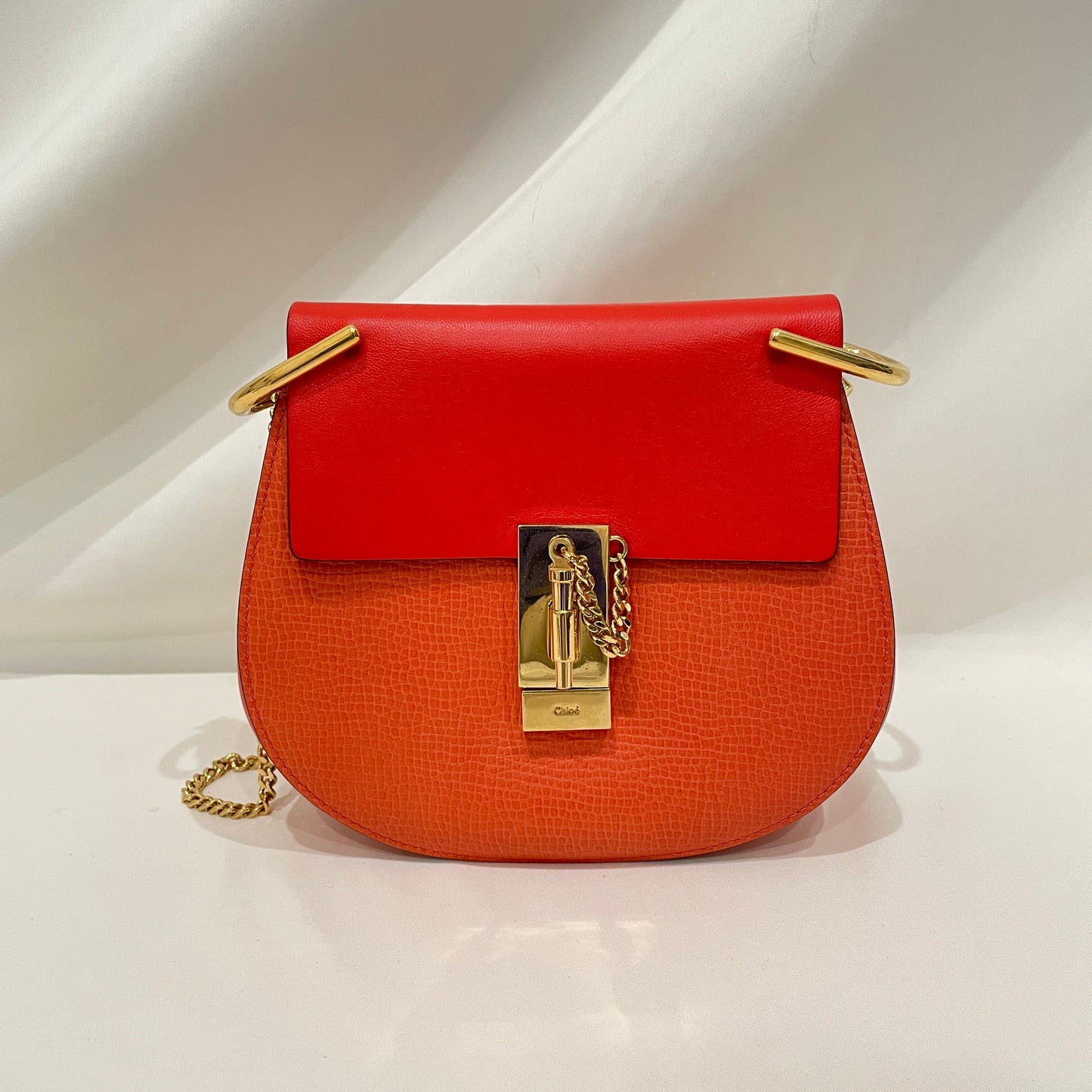 Chole Red Orange Grained Calfskin Mini Drew Shoulder Bag Sku# 81002