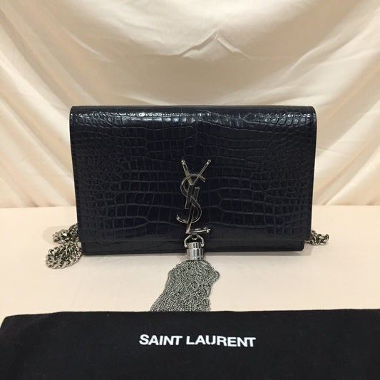 Yves Saint Laurent Black Croc Tassel Kate Wallet On Chain Crossbody Bag Sku# 72346