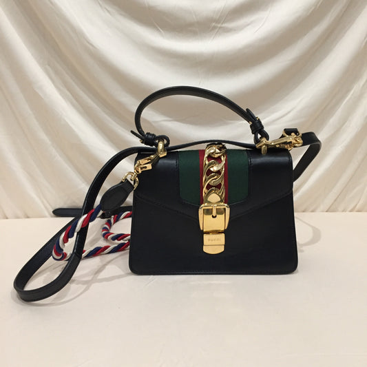 Gucci Black Calfskin Leather Sylvie Mini Crossbody Bag Sku# 72389