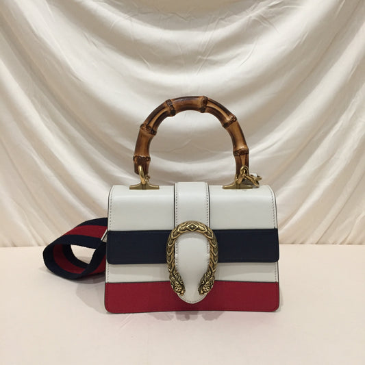 Gucci White Tricolor Calfskin Leather Bamboo Small Dionysus Shoulder Bag Sku# 72418