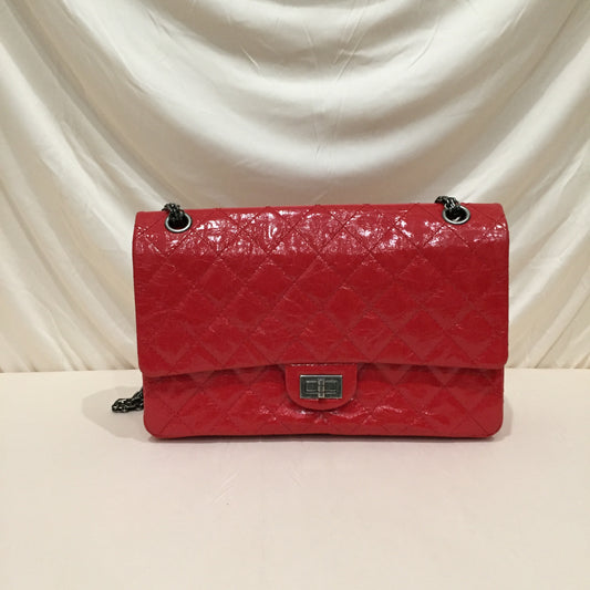 Chanel Orange Red Burnished Leather 2.55 Double Flap Shoulder Bag Sku#72384